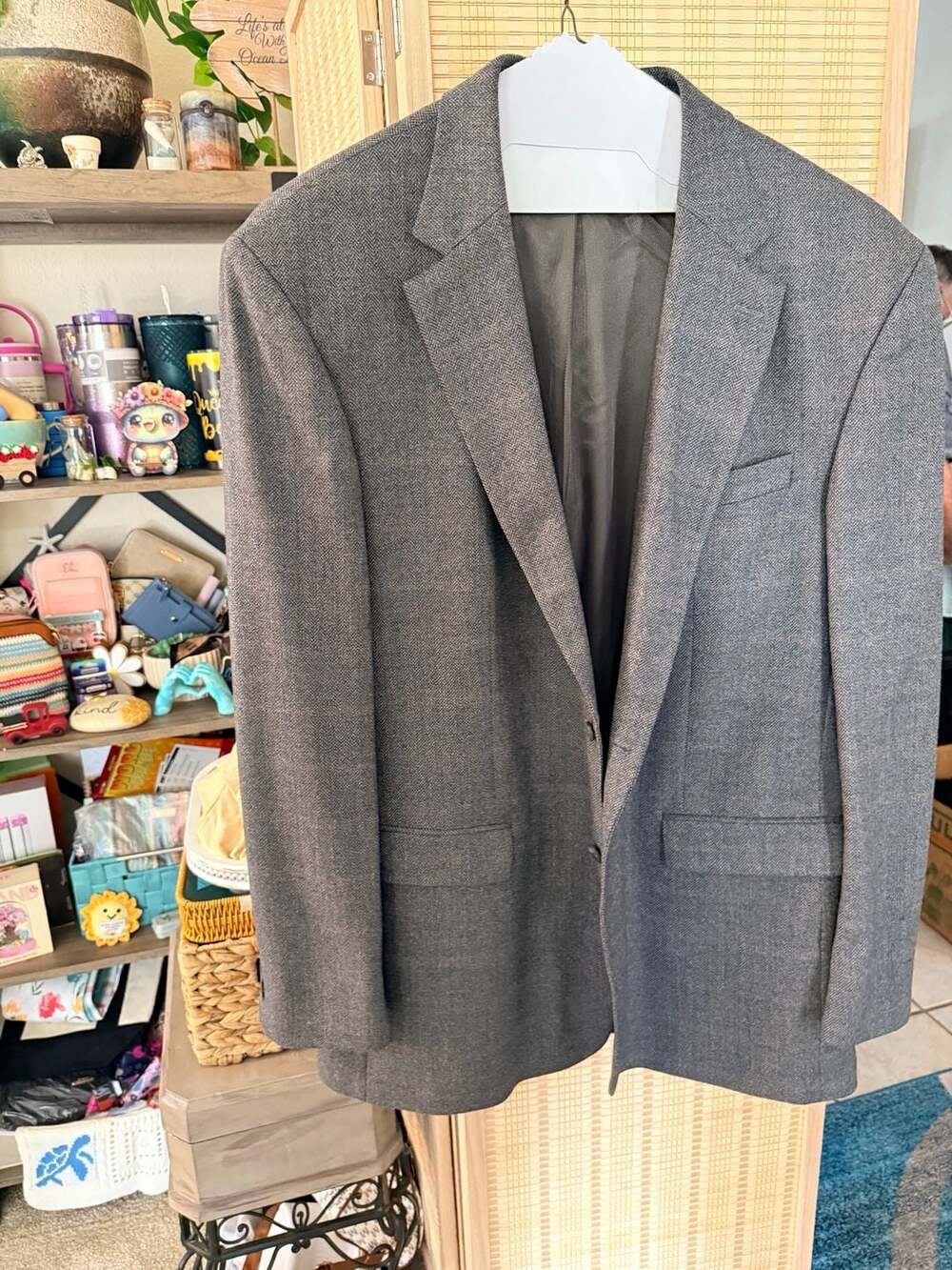 Oscar de la Renta Wool Cashmere Herringbone Sport Coat Blazer Gray 48L